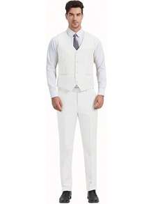 Men's Slim Fit 3 Pieces Suit, 2 Buttons Solid Color Blazer Vest Pants With Tie Set, Business Wedding Tuxedohalloween - Màu trắng ngà - Xem 2