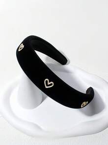 1pc Women's Black Velvet Wide Headband With Heart Rhinestone Decor, Elegant & Sweet Fashion For School, Party, Dance, Daily Wear