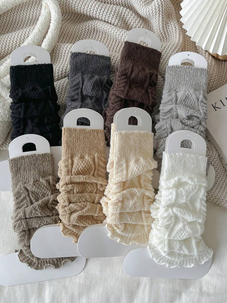 1 Đôi tất chân màu trơn hình xoắn bột chiên, tất chân giữ ấm mùa đông. Đai bảo vệ chân Y2K, ấm áp - trắng - Xem 1