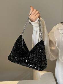 1 件绗缝拉链封口 PVC 亮片托特包，大容量闪亮腋下包，时尚链条单肩斜挎包，适合女性外出、度假、聚会、宴会 - 黑色 - 查看 7