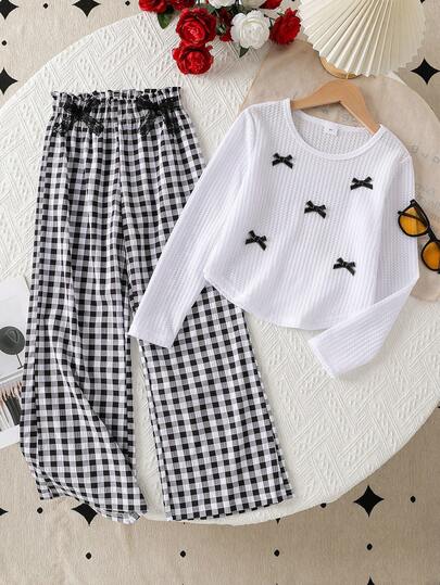 2 Stücke Mädchen Frühling/Herbst Rippstoff Schleife Dekor Top & Karomuster Hose Set, Mädchen Langarm Top + Karomuster Hose, geeignet für Lässig bekleidung