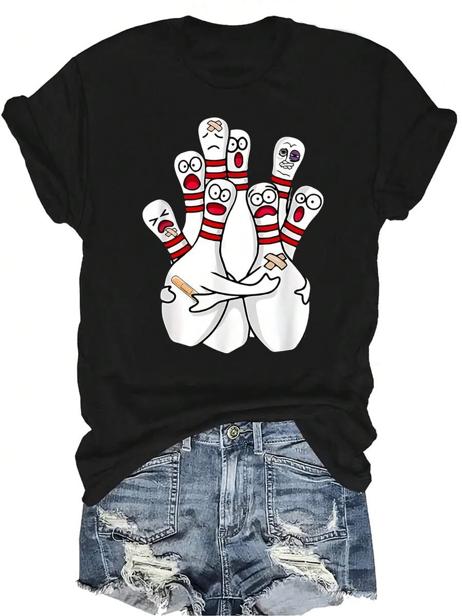 Camiseta de bolos con diseño de un pin de bolos asustado, de estilo casual y transpirable, de cuello redondo y manga corta, versátil, adecuada para adolescentes y adultos - Negro - Ver 1