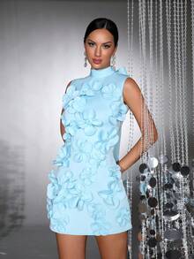 New Elegant Women 3D Floral Decor Long Sleeve Bowknot Fitted Mini Dress, Suitable For Valentine's Day, Bridesmaid, Formal Evening Party