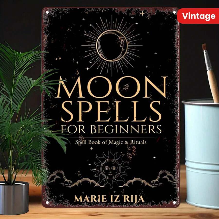 2D Moon Spells For Beginners - Vintage Metal Plates, Magic & Ritual Book Designs, Vintage Wall Art For Bar, Cafe, Beach House Or Backyard Decorations, Moon Decorations, 1pc, Tin Painting, Perfect Room Decorations - Multicolor - View 1