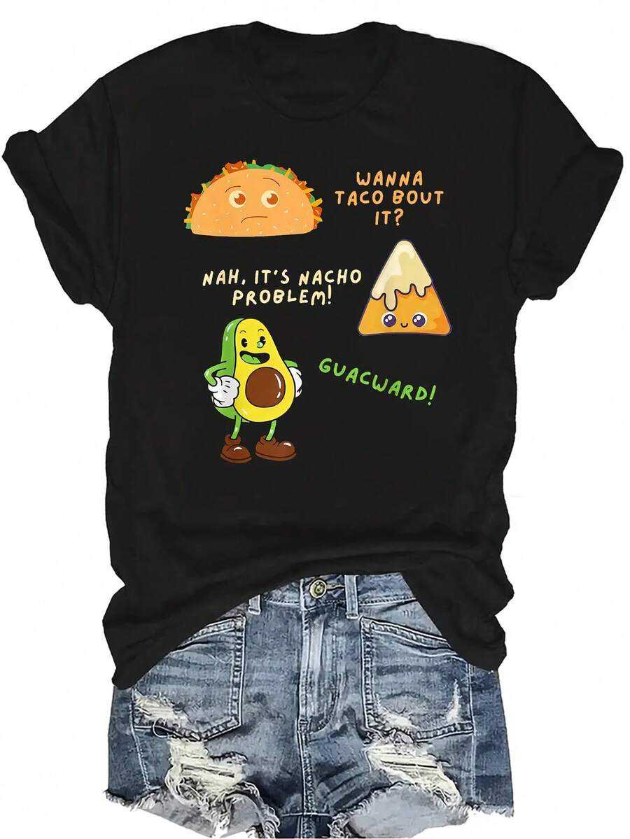 Camiseta de aguacate unisex, de verano, casual, transpirable, con personalidad, de cuello redondo, de manga corta, ropa de calle, versátil, adecuada para adolescentes y adultos - Negro - Ver 1