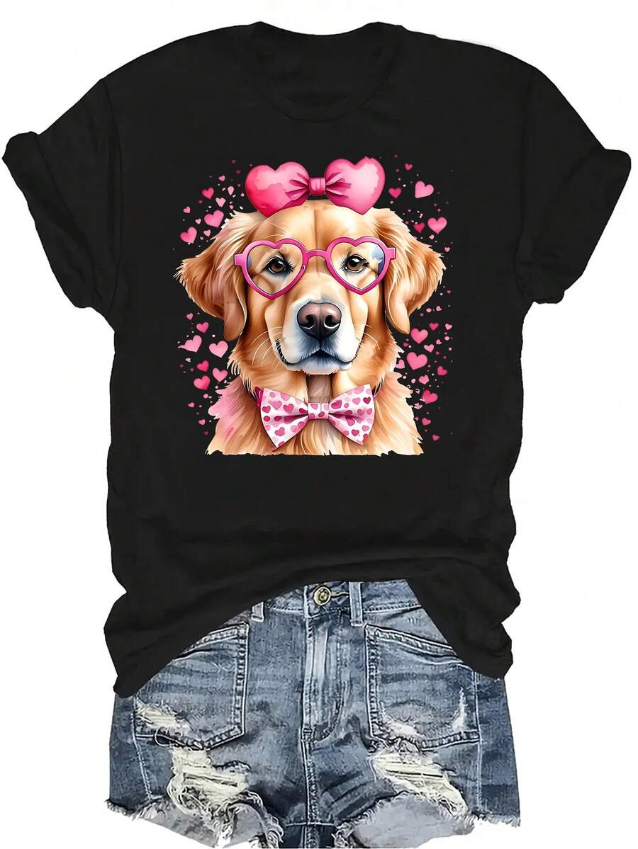 Camiseta de Día de San Valentín "Amo a mi perro" Unisex de verano, casual, transpirable, de personalidad, de cuello redondo, de manga corta, ropa de calle, versátil, adecuada para adolescentes y adultos - Negro - Ver 1