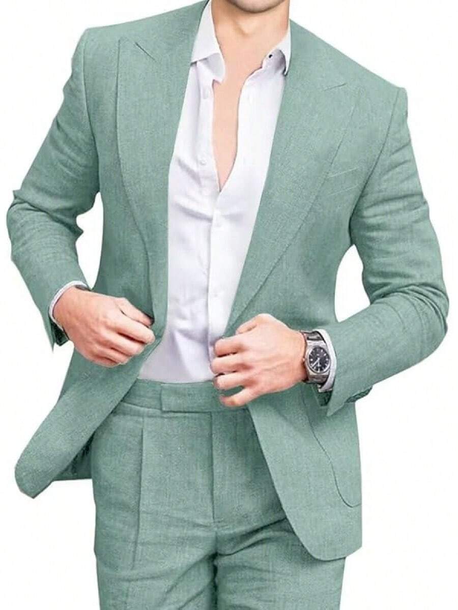 Mens Linen Suits 2 Piece Beach Wedding Blazer Summer Grooms Classic Lightweight Breathable Jacket Pantshalloween - 薄荷綠 - 查看 1