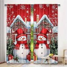2PCS Christmas Curtains, Red Snowman And Winter Hut Pattern Curtains -100% Polyester Fiber Rod Bag Curtains, Suitable For Living Room And Bedroom, Machine Washable, Holiday Home Decoration, Durable Polyester Material, Happy Holiday Atmosphere