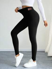 秋冬保暖内衬紧身裤，休闲高腰紧身裤，弹力羊羔绒紧身瑜伽裤，温暖舒适 - 黑色 - 查看 2