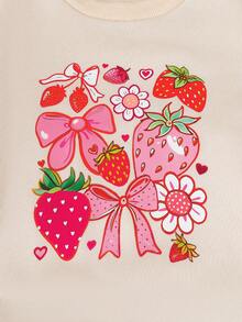 Casual Strawberry & Bow Print Round Neck Long-Sleeved Sweatshirt&Pants For