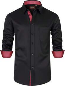 Mens Dress Shirts Long Sleeve Dress Shirts For Men Inner Contrast Button Down Casual Shirts For Men Big And Tall-20256688 - N # Đen-đỏ - Xem 1