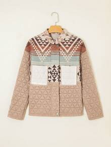 Astylish 女式绗缝拼布西部几何印花休闲夹克，前拉链按扣长袖外套，带口袋，秋冬时尚 - 彩色 - 查看 5