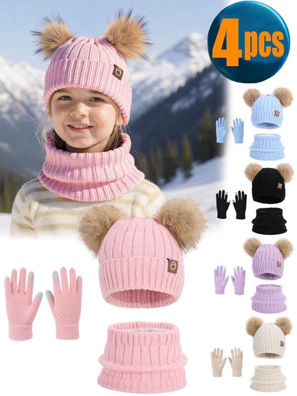 4pcs Kids Outdoor Warm Hat, Scarf, Gloves 3 Pieces Set, Boys & Girls Thermal Lined Ear Muff Beanie, Cute Pom Pom Knit Hat, Knit Infinity Scarf And Knit Gloves For Winter