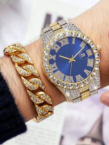 Juego de 3 piezas: Reloj de cuarzo de estilo hip hop para hombre con esfera redonda, calendario, caja y correa de aleación de zinc, movimiento de cuarzo; incluye collar con colgante de cruz y pulsera, juego de accesorios de moda - Multicolor - Ver 2