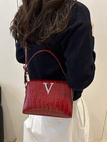 奢华女士手提包品牌包，鳄鱼压纹优质石纹托特包，2025新款时尚百搭单肩包，大容量，时尚手提包，新款大包，INS搭配单品，复古休闲街头风小众托特包，单肩托特包，亮面高端品质斜挎包，2025新款时尚大容量妈妈包，时尚个性女包，枕头包 - 紅色 - 查看 4