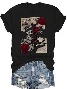 Camiseta con rosas secas Unisex de verano, casual, transpirable, de cuello redondo, de manga corta, ropa de calle, versátil, adecuada para adolescentes y adultos - Negro - Ver 1