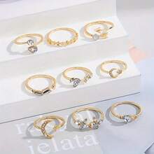 9-Piece Set/Love Butterfly Star Moon Ring Diamond Heart-Shaped Leaf-Shaped Ring, Ladies' Light Luxury High-Quality Alloy Splicing Ring, Suitable For Girlfriends And Besties Gifts - 金色 - 查看 7