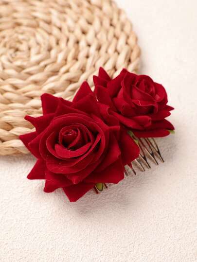 مشط شعر مزين بزهرة وردة صناعية أنيقة، عصري