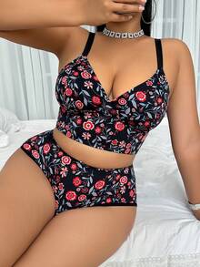 Plus Size Printed Lingerie Set, Adjustable Straps, Seamless, Suitable For Daily Wear In Various Occasions - Black - View 4