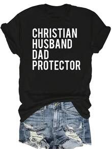 Camiseta unisex de manga corta, cuello redondo, casual, transpirable y versátil con estampado de carta para esposo y padre cristiano, adecuada para adolescentes y adultos - Negro - Ver 1