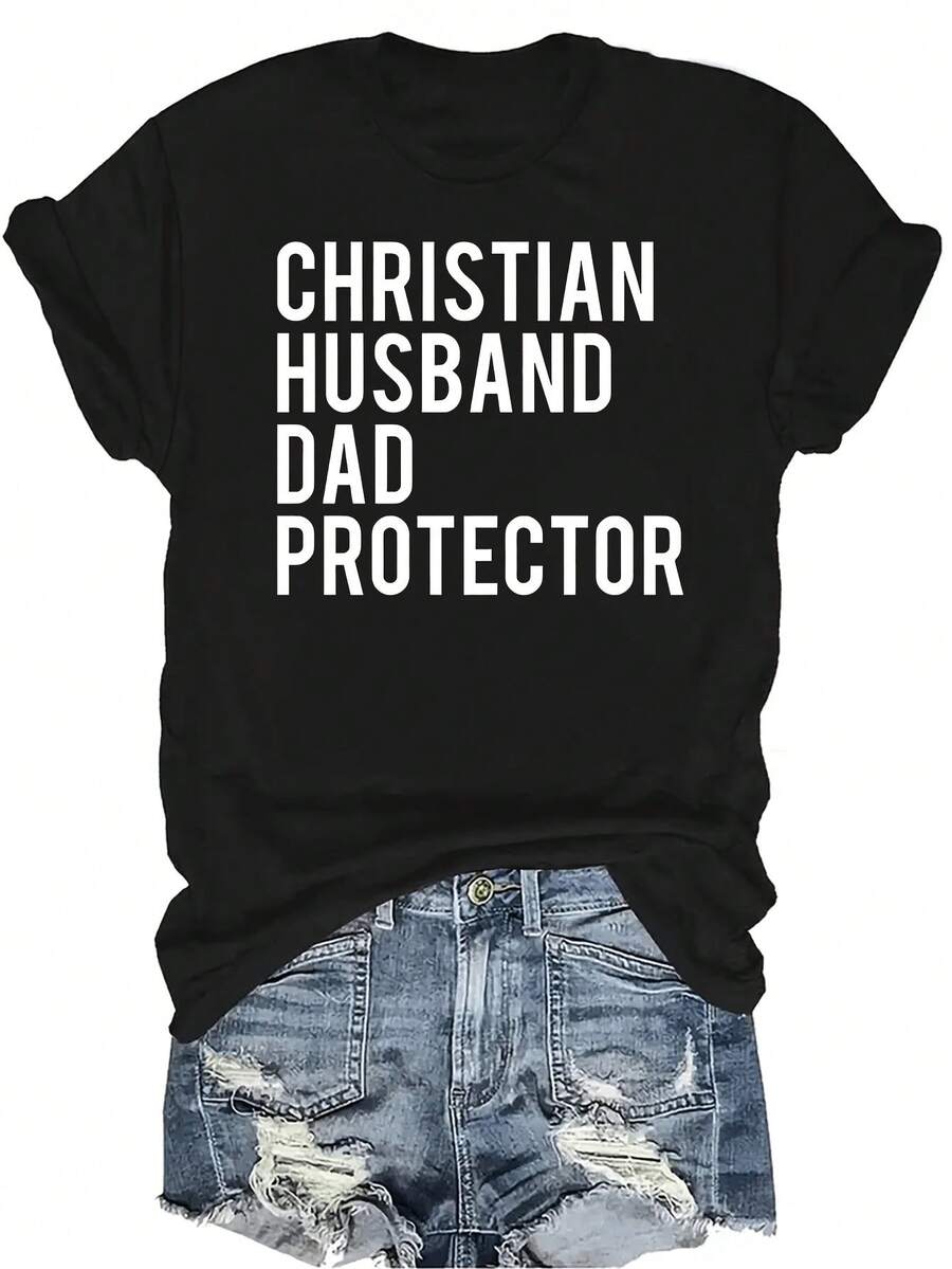 Camiseta unisex de manga corta, cuello redondo, casual, transpirable y versátil con estampado de carta para esposo y padre cristiano, adecuada para adolescentes y adultos - Negro - Ver 1