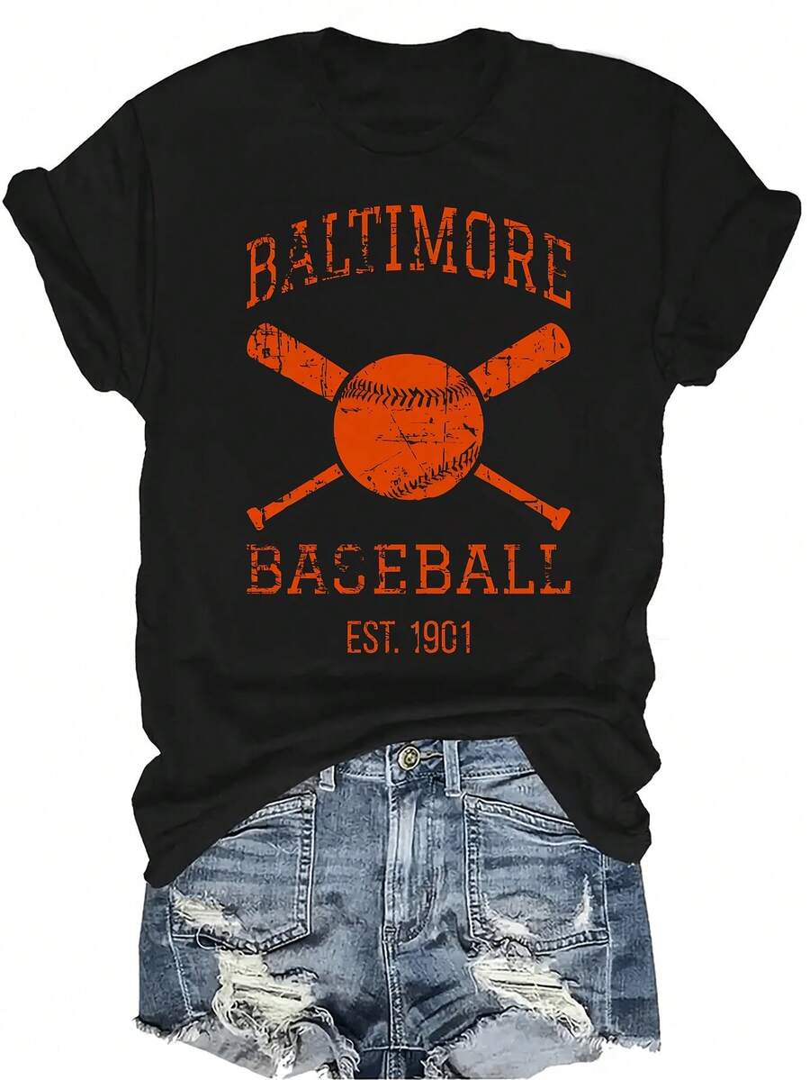 Camiseta del equipo de béisbol de Baltimore, unisex, de verano, casual, transpirable, de personalidad, de cuello redondo, de manga corta, ropa de calle, versátil, adecuada para adolescentes y adultos - Negro - Ver 1