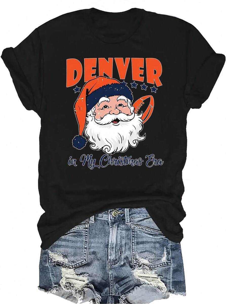Camiseta de Denver Football en mi era navideña Camiseta unisex de verano casual, transpirable, de personalidad, de cuello redondo, de manga corta, ropa de calle, versátil, adecuada para adolescentes y adultos - Negro - Ver 1