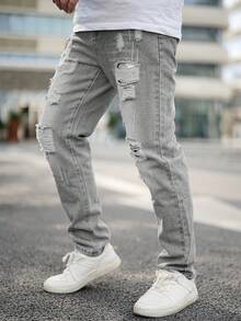 Men's Outdoor Casual Straight Leg Distressed Blue Jeans, Autumn/Winter - Grey - View 2