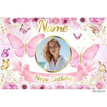 SuzanneHome Personalized Custom Photo Name Birthday Banner - Pink Butterfly Floral Gold Glitter Backdrop Background For Girls Women Happy Birthday Party Decor - Multicolor - View 7