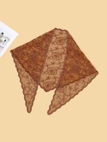 1pc Women's Vintage Rose Flower Ruffle Edge Triangular Scarf Shawl, Fashion Soft Breathable Scarf, Women's Elegant Outdoor Decorative Headscarf, Church Wedding Veil, Graceful Gift