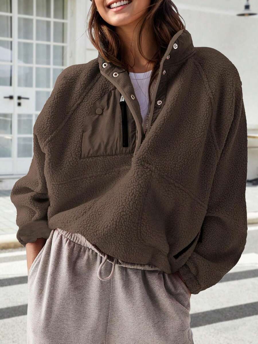 Women's Lightweight Fleece Pullover Jacket Cropped Fall Winter Fuzzy Sherpa Jacket Sweatshirt Coat With Pockets - 咖啡棕 - 查看 1