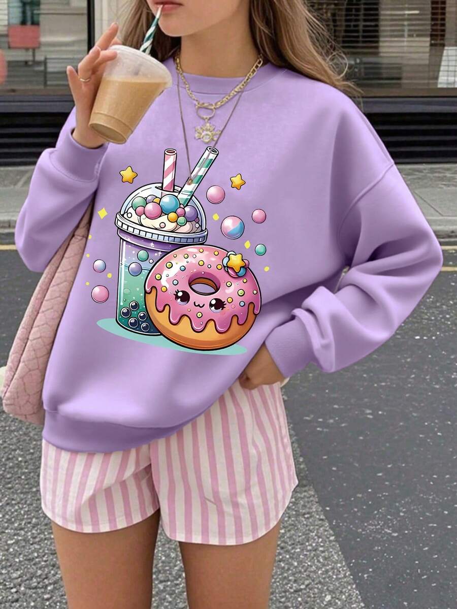 1 Stück Mädchen Süßer Stil Donut & Bubble Tea Muster Langarm Sweatshirt, Weicher Stoff, perfekt für den täglichen Lässig Frühling & Herbst