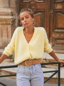 Solid Color Cardigan Long Sleeve Knit Sweater Jacket, Autumn/Winter - Yellow - View 4