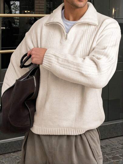 男士纯色宽松针织套头毛衣，韩版休闲通勤装，纹理中性设计，长袖半拉链开衫，秋冬款