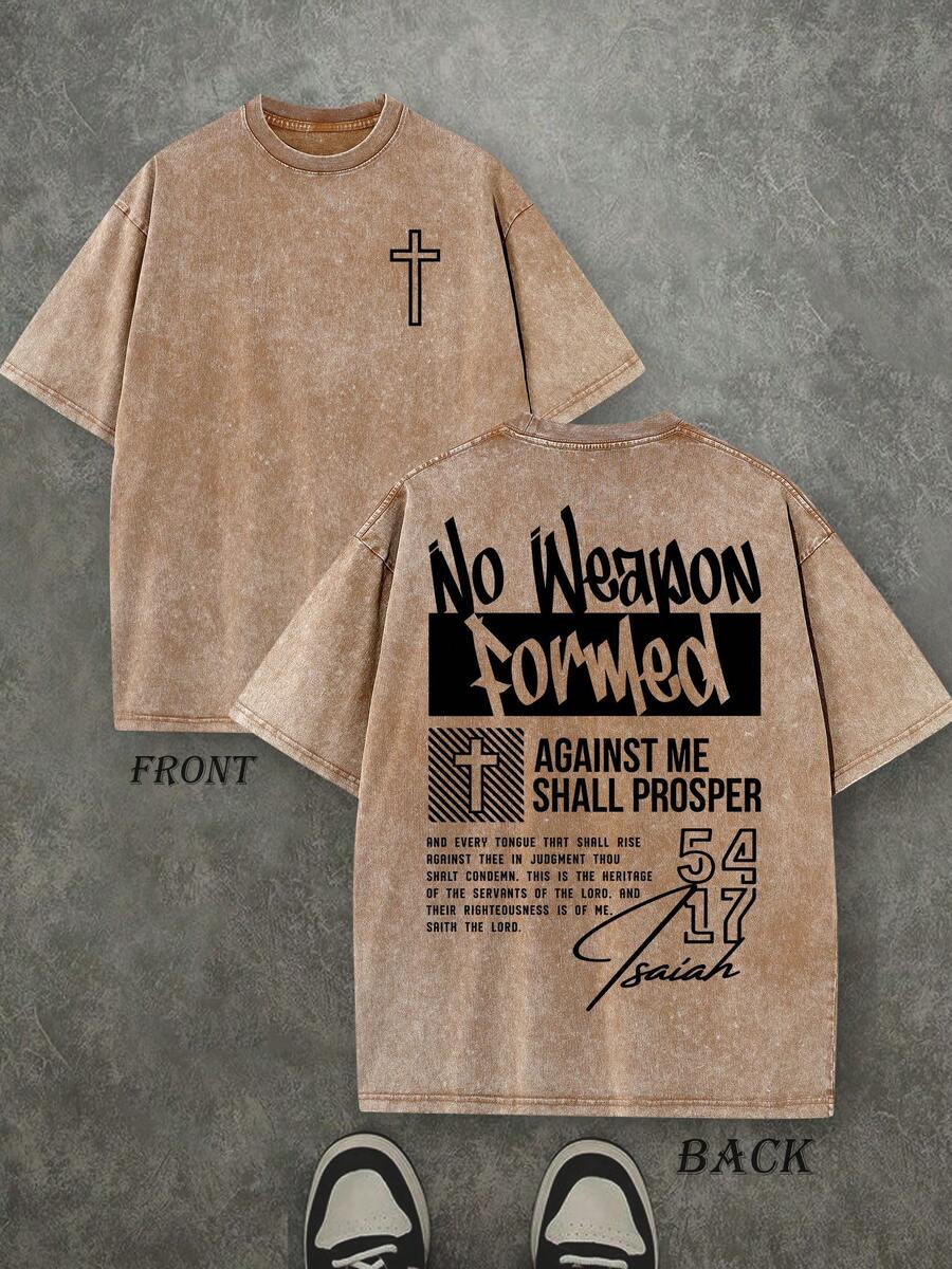 Retro Washed T-Shirt Double Sided Printed (230 Pure Cotton T-Shirt) 'No Weapon Formed Against Me Shall Prosper' Letter And Cross Pattern Print, Christian Gift, Mens TShirt, Mens Casual, Comfortable, Fashionable T-Shirt, Street Style Cotton - 咖啡棕 - 查看 1