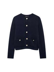 DEEKA Women's Fashionable Casual Minimalist Gold Button Accent Knit Cardigan, Spring/Autumn - Navy Blue - View 2