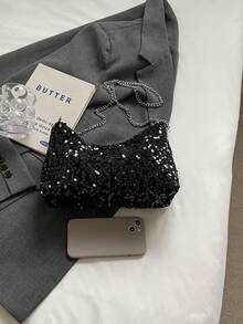 1 件绗缝拉链封口 PVC 亮片托特包，大容量闪亮腋下包，时尚链条单肩斜挎包，适合女性外出、度假、聚会、宴会 - 黑色 - 查看 4