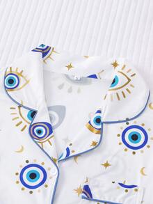 2pcs/Set Women Plus Size Cool Light Blue Eye Print Pajama Set, Soft Short Sleeve Shirt With Collar & Button, And Elastic Waist Shorts, Stylish Sleepwear For Daily, Holiday Party, Casual Home & Outdoor Wear - Blue - View 3