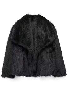 Faux Fur Fluffy Warm Long Sleeve Autumn/Winter Jacket - Black - View 9