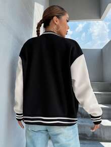 1pc Teen Girls' Spring/Autumn/Winter Colorblock Baseball Jacket, Fleece Lined Thickened Letter Print Ribbed Loose Outdoor Sports Casual - Black - View 5