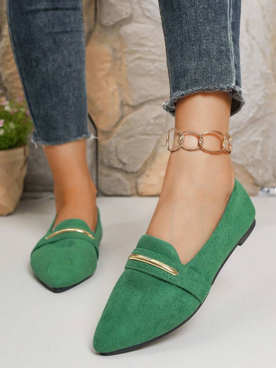 43 Wide Fit Pointed Toe Slip-On Flats With Gold Stripe Decor, Comfortable Casual Ballet Flats For Daily Outdoor Wear, Spring/Autumn