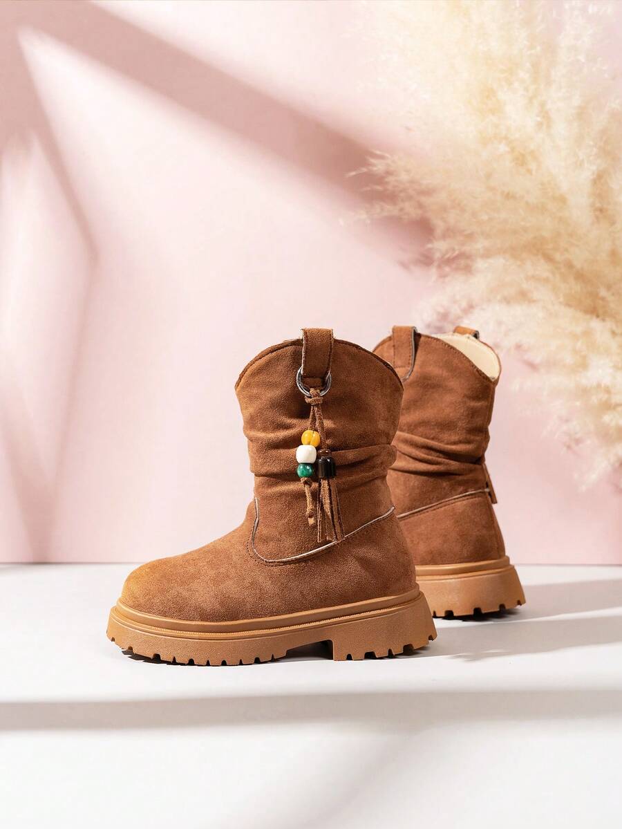 New Brown Colorful Beaded Pendant Decorated Girls Short Boots, Simple Slip-On Comfortable Back-To-School Children's Boots, Quality Faux Suede Material, Cozy Lining And Thick Soft Sole, Suitable For 4-18 Years Old Kids, Versatile Mid-Calf Boots For All Seasons