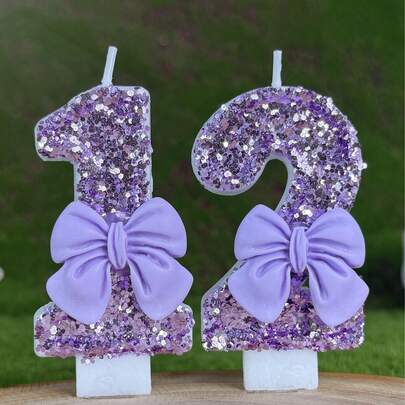 1pc Sparkling Purple Glitter Candle With Luxury Bow Decor, Birthday Party Wedding Decoration
