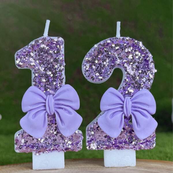 1pc Sparkling Purple Glitter Candle With Luxury Bow Decor, Birthday Party Wedding Decoration