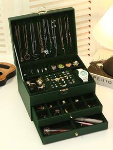 Three Layers Of Double Selection Faux Leather Jewelry Storage Box, Exquisite Necklace Earrings Golden Jewelry Hand Jewelry Box, Large Capacity Jewelry Organizing Box, Lock And Soft Lined Drawer - The Ideal Gift For Women Gift For Valentine's Day