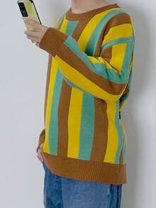 Plus Size Men's Casual Soft & Comfortable Striped Crew Neck Long Sleeve Knit Sweater, Autumn/Winter