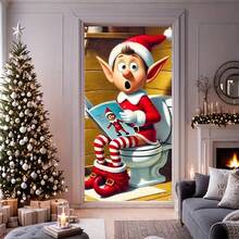1pc, 35.4x70.8 Inches (90x180 Cm), Merry Christmas, 2D Christmas Curtain Design With The Theme Of Christmas Elves Reading In The Toilet, Made Of Polyester, Suitable For Birthdays, Parties, Celebration Events, Indoor/Outdoor Decoration, Home, Porch, Lawn, Garden, Courtyard Decoration, Universal Theme, With Holes For Easy Hanging