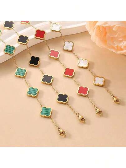 Conjunto de 1 peça de pulseira e colar com brincos de trevo de quatro folhas, popular e internacional, joia versátil de madrepérola de aço inoxidável, da moda, de um lado