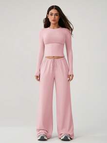 NcmRyu 1 Set Women Comfortable Casual Solid Color Round Neck Wide Leg Straight Loose Fit Long Sleeve Fitness Workout Running Outdoor Sports Suit