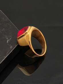 1枚高品质316不锈钢镀金戒指，镶嵌红色宝石，男女皆宜 - 紅色 - 查看 2